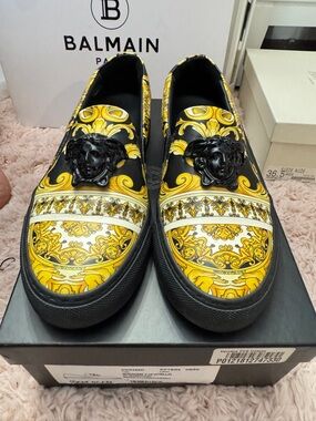 Versace Yellow, Black & White Baroque Slip-On Loafers